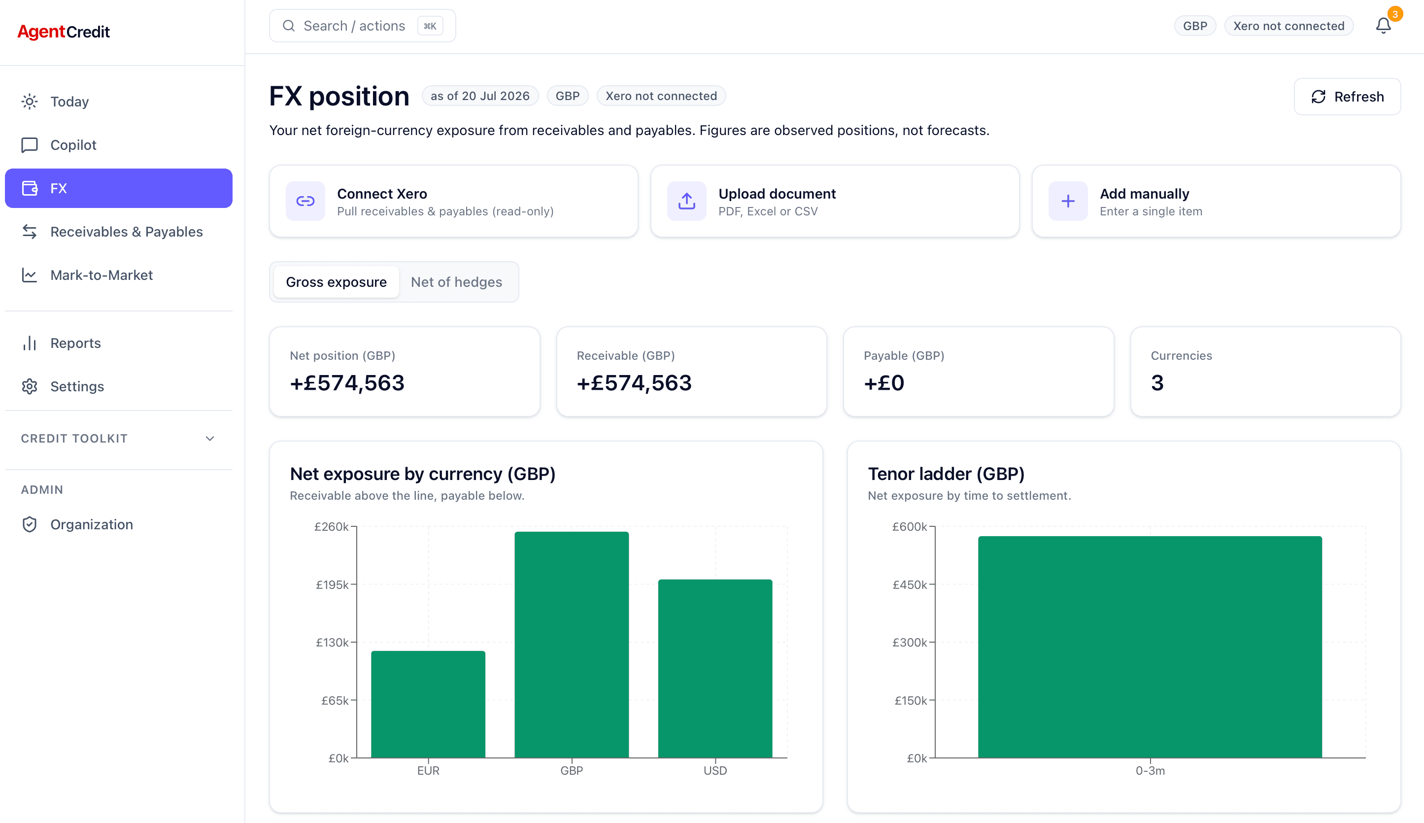 AgentCredit FX position view — net exposure mapped by currency and due date for a demo org